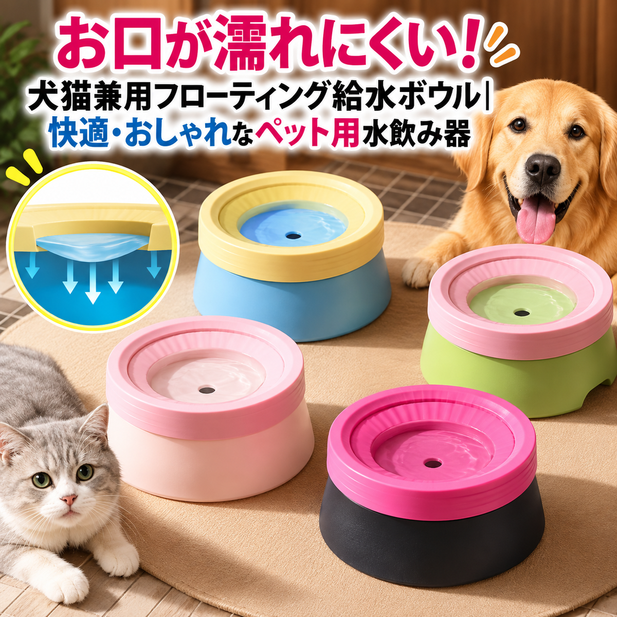 お口が濡れにくい!犬猫兼用フローティング給水ボウル|飛び散り防止・600ml/1200ml