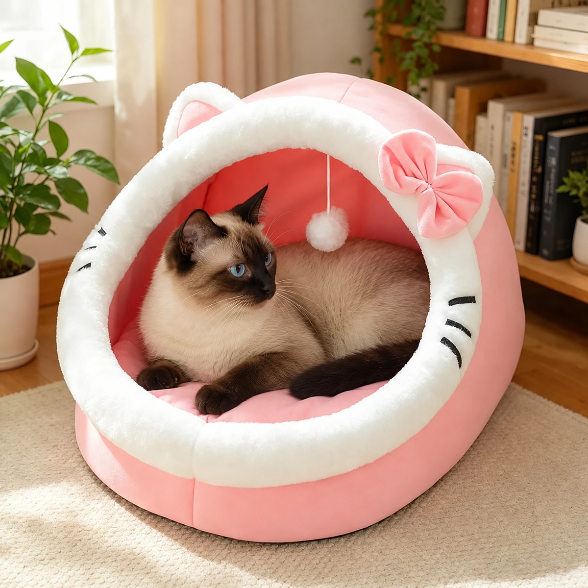 四季対応 猫型ペットベッド｜犬猫兼用・滑り止め付き・ふわふわ快適ドームハウス