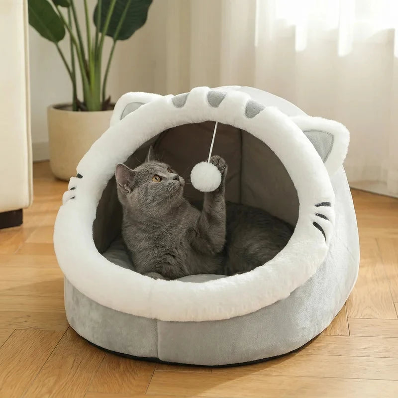 四季対応 猫型ペットベッド｜犬猫兼用・滑り止め付き・ふわふわ快適ドームハウス