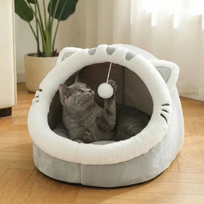 四季対応 猫型ペットベッド｜犬猫兼用・滑り止め付き・ふわふわ快適ドームハウス