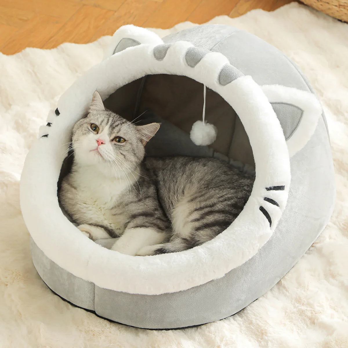 四季対応 猫型ペットベッド｜犬猫兼用・滑り止め付き・ふわふわ快適ドームハウス