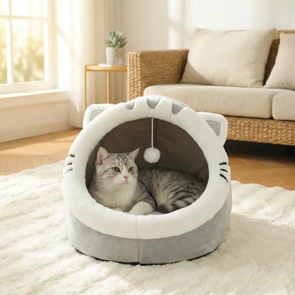 四季対応 猫型ペットベッド｜犬猫兼用・滑り止め付き・ふわふわ快適ドームハウス