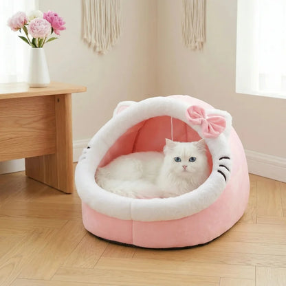 四季対応 猫型ペットベッド｜犬猫兼用・滑り止め付き・ふわふわ快適ドームハウス
