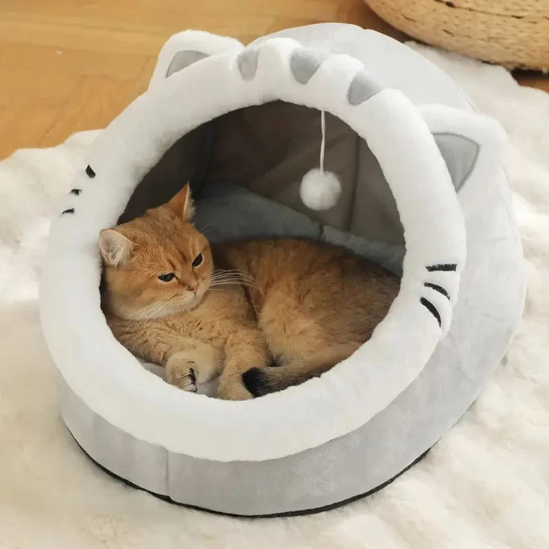 四季対応 猫型ペットベッド｜犬猫兼用・滑り止め付き・ふわふわ快適ドームハウス