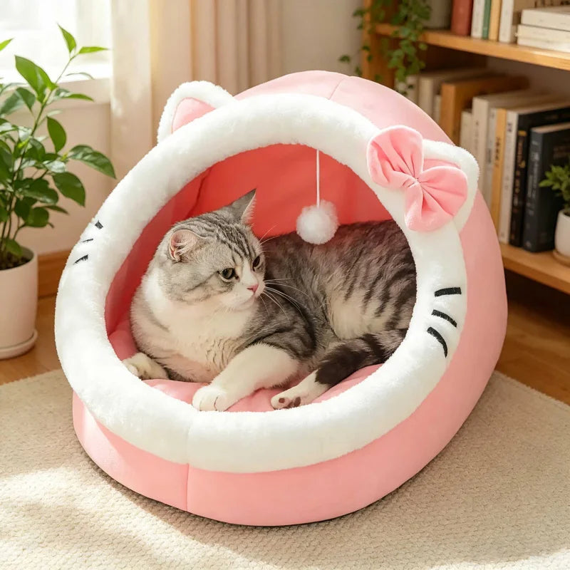四季対応 猫型ペットベッド｜犬猫兼用・滑り止め付き・ふわふわ快適ドームハウス