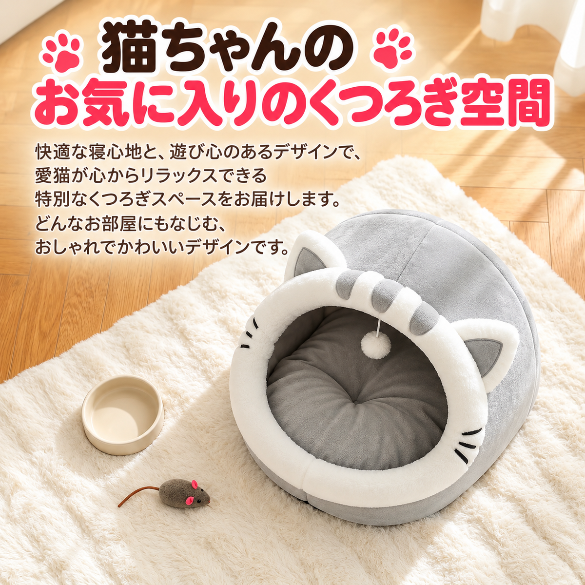 四季対応 猫型ペットベッド｜犬猫兼用・滑り止め付き・ふわふわ快適ドームハウス